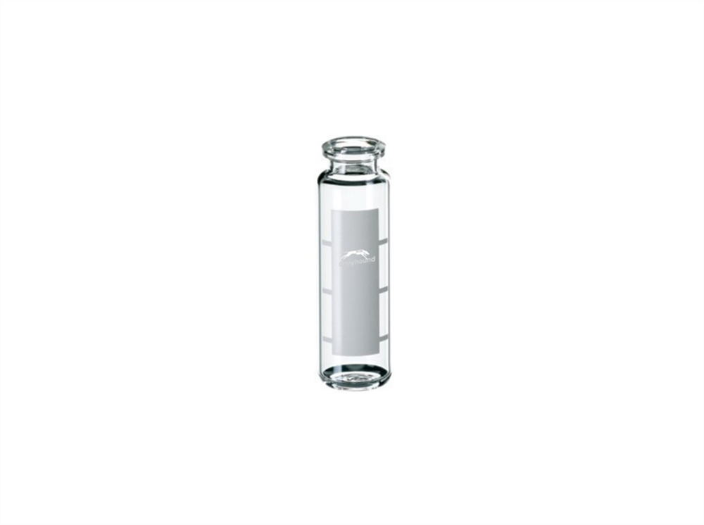 Picture of 20mL Headspace Vial, Crimp Top, Clear Glass, Rounded Bottom, 20mm Bevelled Edge Crimp, with Graduated Write-on Patch, Q-Clean